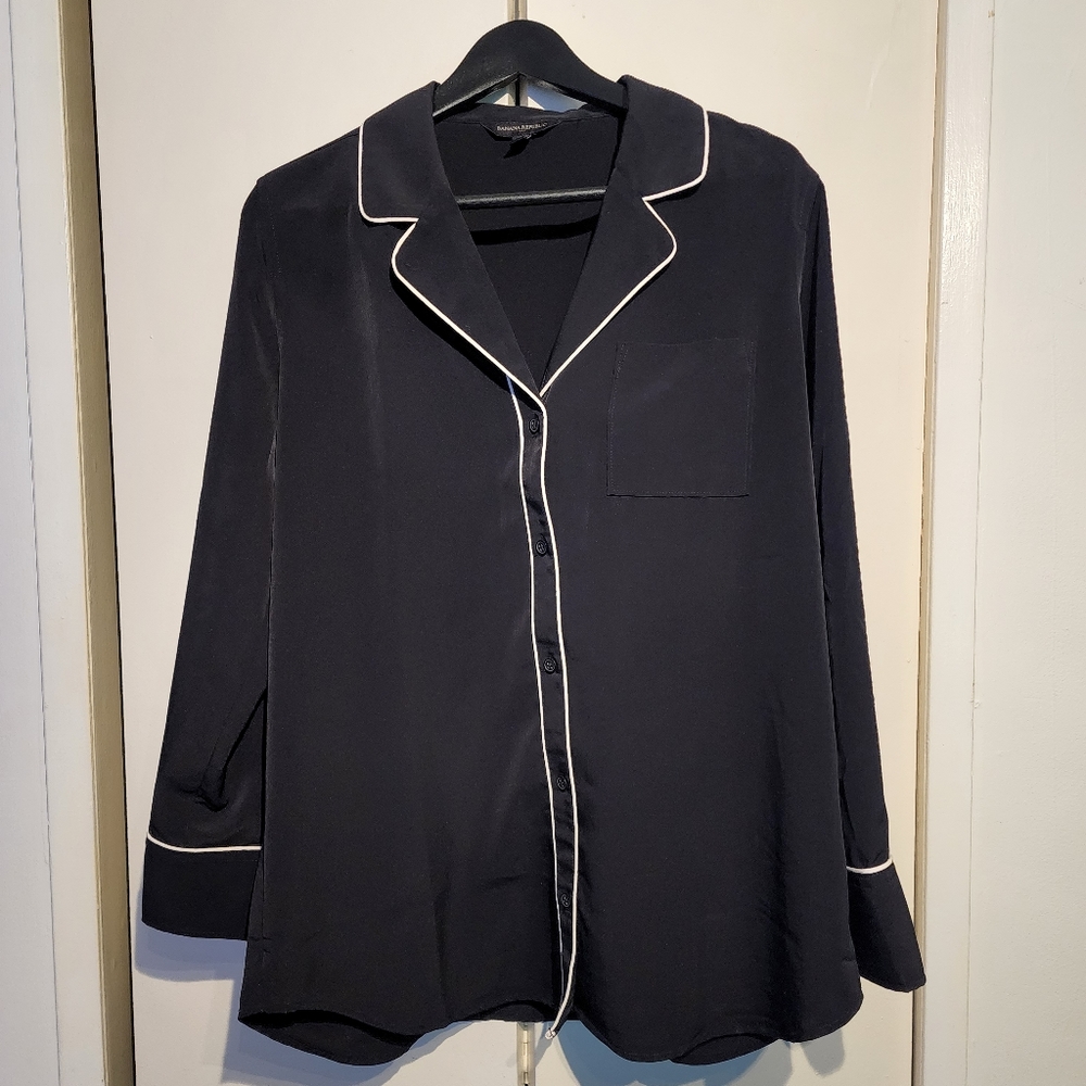 Banana Republic black pajama style blouse with white piping